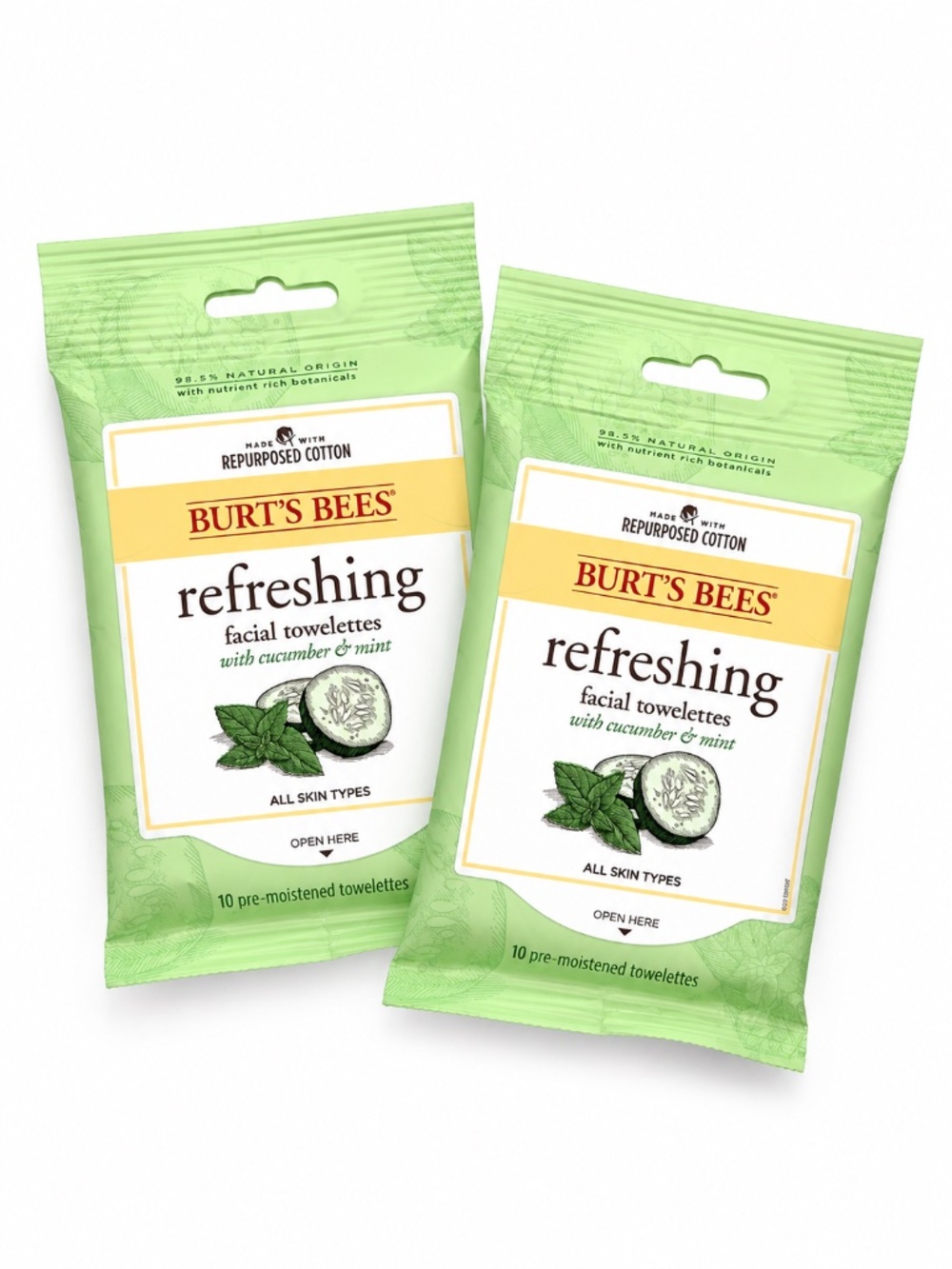 NWT Burt's Bees Refreshing Facial Towelettes Cucumber Mint 2 Pack 10ct Wipes